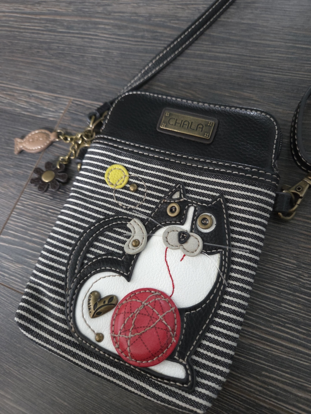 Chala Black & White Striped Crossbody with Cat Applique and Red Ball Accent - Picture 2 of 4